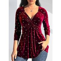 Women's Shirt Blouse Velvet Sparkly Red Blue Purple Flowing tunic Rhinestone Long Sleeve Party Casual Fashion V Neck Regular Fit Fall  Winter Lightinthebox - thumbnail