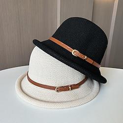 Hats Headwear Straw Bucket Hat Straw Hat Sun Hat Casual Holiday Elegant Retro With Pure Color Splicing Headpiece Headwear Lightinthebox