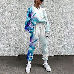 Women's Basic Streetwear 3D Print Color Block Tie Dye Vacation Casual / Daily Two Piece Set Crew Neck Tracksuit T shirt Pant Loungewear Drawstring Print Tops / Loose miniinthebox