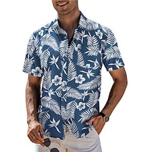Men's Shirt Summer Hawaiian Shirt Floral Graphic Prints Leaves Turndown Dark Blue Outdoor Street Short Sleeves Button-Down Print Clothing Apparel Tropical Fashion Hawaiian Designer miniinthebox