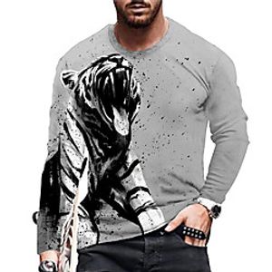 Men's Unisex T shirt 3D Print Graphic Prints Tiger Animal Crew Neck Daily Holiday Print Long Sleeve Tops Casual Designer Big and Tall Gray miniinthebox