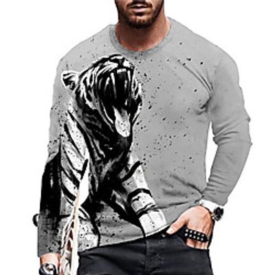 Men's Unisex T shirt 3D Print Graphic Prints Tiger Animal Crew Neck Daily Holiday Print Long Sleeve Tops Casual Designer Big and Tall Gray miniinthebox