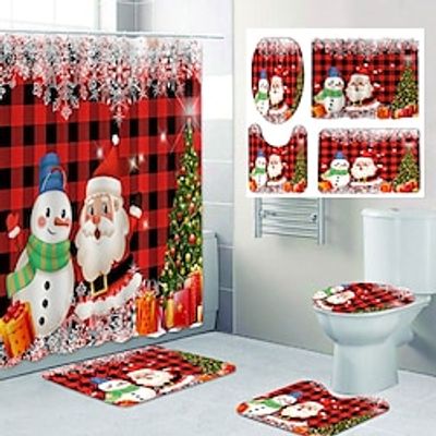 Christmas Bathroom Deco 4 Pcs Shower Curtain Set Bathroom Sets Modern Home Bathroom Decor with Bath Mat U Shape and Toilet Lid Cover Mat and 12 Hooks Lightinthebox