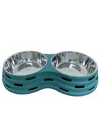 Double Dining Pet Feedrer With Stainless Steel Bowl & Non Slip Rubber Bottom green For Cat & Dog - 41.5X22X7cm