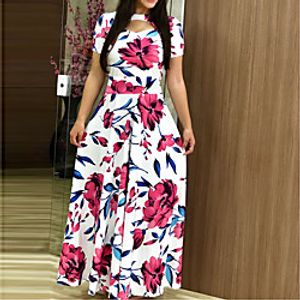 Women's A Line Dress Maxi long Dress Fuchsia Green White Black Red Navy Blue Long Sleeve Floral Print Fall Round Neck Casual 2021 S M L XL XXL 3XL 4XL 5XL / Cotton miniinthebox