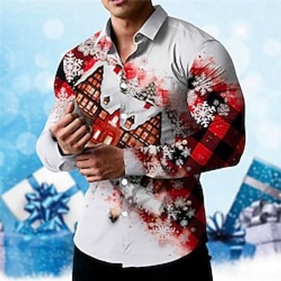 Snowflake House Casual Men's Shirt Outdoor Christmas Street Fall  Winter Turndown Long Sleeve White Red Burgundy S M L Shirt Lightinthebox