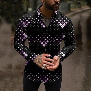 Men's Shirt Graphic Shirt Plaid Turndown Blue Purple Orange Outdoor Street Long Sleeve Button-Down Print Clothing Apparel Fashion Designer Casual Breathable miniinthebox