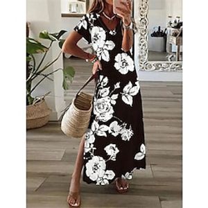 Women's Long Dress Maxi Dress Casual Dress Print Dress Floral Fashion Streetwear Outdoor Daily Going out Split Print Short Sleeve V Neck Dress Regular Fit Black Summer Spring S M L XL XXL Lightinthebox