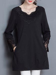 Elegant Lace Patchwork Solid Thick Long Sleeve Tops For Women