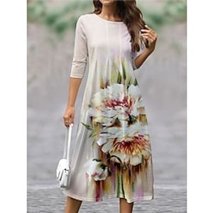 Women's Casual Dress A Line Dress Floral Stripe Print Ruched Crew Neck Midi Dress Streetwear A Line Street Holiday 34 Length Sleeve Regular Fit White Khaki Gray Spring S M L XL XXL Lightinthebox