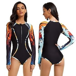 Women's Rash Guard One Piece Swimsuit UV Sun Protection UPF50 Breathable Long Sleeve Bodysuit Bathing Suit Front Zip Swimming Surfing Beach Water Sports Patchwork Autumn / Fall Spring Summer miniinthebox