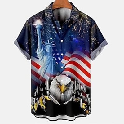 Men's Shirt 3D Print Eagle Turndown Street Casual Button-Down Short Sleeve Tops Casual Fashion Breathable Comfortable Navy Blue Lightinthebox