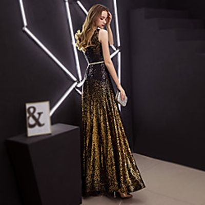 A-Line Minimalist Elegant Party Wear Formal Evening Dress V Neck Sleeveless Floor Length Satin Sequined with Sequin 2021 miniinthebox