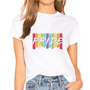 Women's Painting T shirt Rainbow Striped Letter Print Round Neck Basic LGBT Pride Tops White miniinthebox