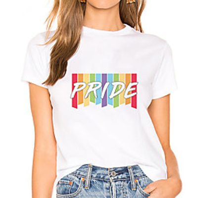 Women's Painting T shirt Rainbow Striped Letter Print Round Neck Basic LGBT Pride Tops White miniinthebox