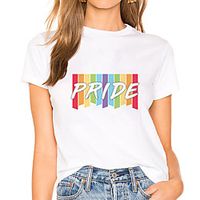 Women's Painting T shirt Rainbow Striped Letter Print Round Neck Basic LGBT Pride Tops White miniinthebox - thumbnail