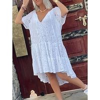 Women's A Line Dress Short Mini Dress White Black Short Sleeve Pure Color Ruched Lace Spring Summer V Neck Casual 2022 S M L XL XXL 3XL Lightinthebox - thumbnail