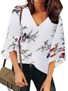 V Neck Floral Bell Sleeve Blouse