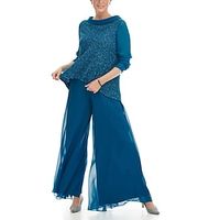 Jumpsuits Mother of the Bride Dress Wedding Guest Elegant Scoop Neck Ankle Length Stretch Chiffon Long Sleeve with Sequin Ruching 2023 Lightinthebox - thumbnail