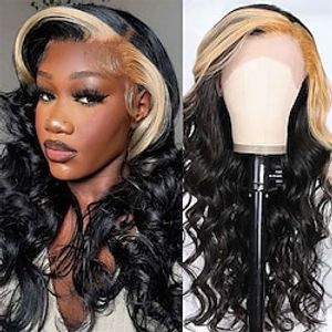 Honey Blonde Skunk Stripe Loose Wave Lace Front Wig with Streaks in Front Black Weave With Highlights 13x4 Human Hair Lace Frontal Human Hair Wigs for Black Women 150 Density Pre Plucked Lightinthebox