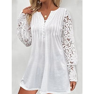 Women's Casual Dress Lace Dress White Dress Mini Dress Lace Patchwork Street Date Elegant Streetwear Split Neck Long Sleeve Regular Fit White Color S M L XL XXL Size Lightinthebox