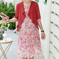 Women's Two Piece Dress Midi Dress Gray Red Half Sleeve Floral Print Spring Summer Round Neck Stylish Casual Modern 2022 XL XXL 3XL 4XL 5XL miniinthebox - thumbnail