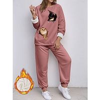 Women's Sweatshirt Tracksuit Pants Sets Fleece Lined Fleece Animal Cat Black Dark Pink Blue Print Long Sleeve Outdoor Casual Warm Funny Round Neck Regular Fit Spring   Fall Lightinthebox - thumbnail