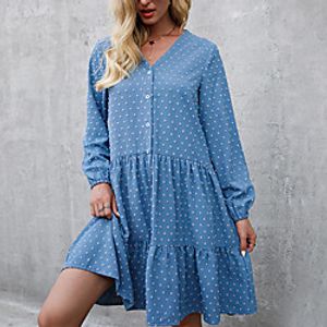 Women's Swing Dress Knee Length Dress Blue Wine Green Black Long Sleeve Polka Dot Button Summer V Neck Casual 2021 M L XL XXL 3XL miniinthebox