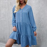 Women's Swing Dress Knee Length Dress Blue Wine Green Black Long Sleeve Polka Dot Button Summer V Neck Casual 2021 M L XL XXL 3XL miniinthebox - thumbnail