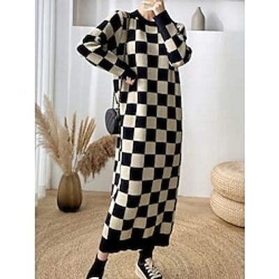 Women's Sweater Dress Jumper Dress Winter Dress Midi Dress Warm Fashion Casual Plaid Outdoor Daily Vacation Going out Crew Neck Long Sleeve 2023 Loose Fit Apricot One Size Lightinthebox