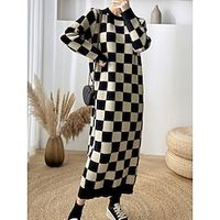 Women's Sweater Dress Jumper Dress Winter Dress Midi Dress Warm Fashion Casual Plaid Outdoor Daily Vacation Going out Crew Neck Long Sleeve 2023 Loose Fit Apricot One Size Lightinthebox - thumbnail