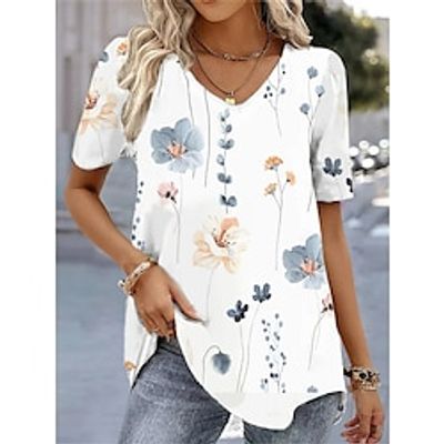 Women's T shirt Tee White Light Green Pink Floral Print Short Sleeve Holiday Weekend Basic V Neck Regular Floral Painting S miniinthebox