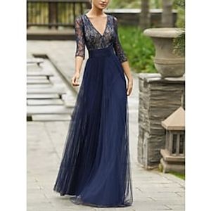 Sheath  Column Mother of the Bride Dress Wedding Guest Vintage Party V Neck Floor Length Lace Tulle 34 Length Sleeve with Pleats 2023 Lightinthebox