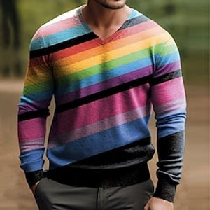 Rainbow Stripes Casual Men's Knitting Print Pullover Sweater Jumper Knitwear Outdoor Daily Vacation Long Sleeve V Neck Sweaters Yellow and Gold Yellow Brown Fall Winter S M L Sweaters Lightinthebox