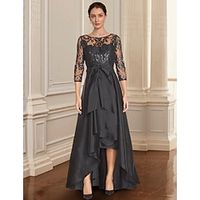A-Line Mother of the Bride Dress Formal Wedding Guest Elegant Black Dress Jewel Neck Asymmetrical Lace Italy Satin 34 Length Sleeve with Lace Bow(s) Sequin 2023 Lightinthebox - thumbnail