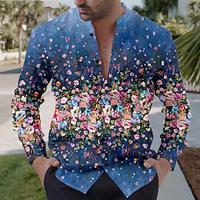 Floral Vintage Men's Shirt Daily Wear Going out Weekend Summer Spring Fall Standing Collar Long Sleeve Dark Blue S, M, L Slub Fabric Shirt Lightinthebox