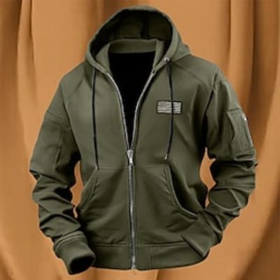 Men's Hoodie Full Zip Hoodie Black Army Green Navy Blue Khaki Hooded Plain National Flag Pocket Sports  Outdoor Daily Holiday Streetwear Cool Casual Spring   Fall Clothing Apparel Hoodies miniinthebox