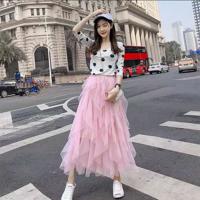 Spring, summer and autumn new mesh skirt pleated cake half-length skirt high waist A-line irregular super skirt