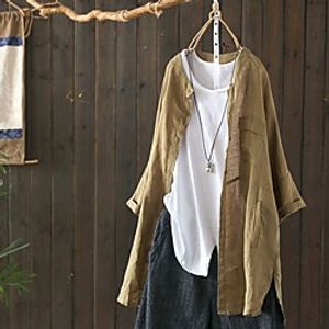Women's Coat Solid Color Casual Summer Shirt Collar Long Casual  Daily Flax Coat Tops White Lightinthebox