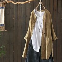 Women's Coat Solid Color Casual Summer Shirt Collar Long Casual  Daily Flax Coat Tops White Lightinthebox - thumbnail