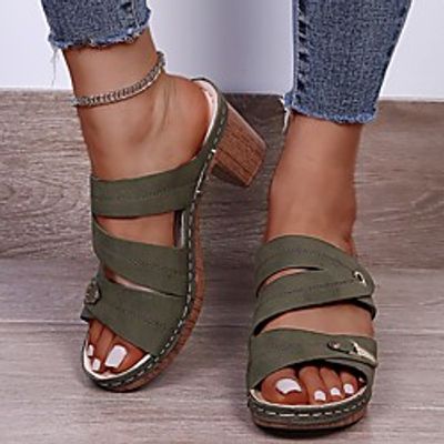 Women's Sandals Chunky Heel Round Toe Rubber PU Buckle Solid Colored Black Army Green Beige miniinthebox