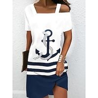 Women's T Shirt Dress Tee Dress Sheath Dress Short Mini Dress White Short Sleeve Geometric Cold Shoulder Fall Summer One Shoulder Casual 2022 S M L XL XXL 3XL miniinthebox - thumbnail