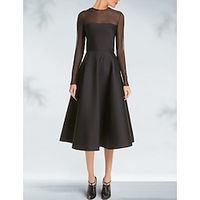 A-Line Cocktail Dresses Elegant Dress Wedding Guest Party Wear Tea Length Long Sleeve Jewel Neck Black Dress Satin with Pleats 2023 Lightinthebox