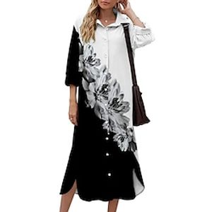 Women's Shift Dress Midi Dress White 3/4 Length Sleeve Floral Button Print Fall Spring Shirt Collar Casual Fashion 2022 S M L XL XXL 3XL miniinthebox