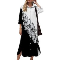 Women's Shift Dress Midi Dress White 3/4 Length Sleeve Floral Button Print Fall Spring Shirt Collar Casual Fashion 2022 S M L XL XXL 3XL miniinthebox - thumbnail