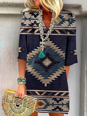 Vintage Geometric V-Neck Mid-Sleeve Dress Vintage Geometric V-Neck Mid-Sleeve Dress