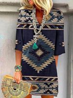 Vintage Geometric V-Neck Mid-Sleeve Dress