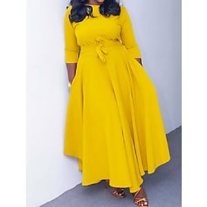 Women's Plus Size Casual Dress Swing Dress Solid Color Long Dress Maxi Dress 3/4 Length Sleeve Lace up Pocket Crew Neck Fashion Daily Yellow Red Spring Summer L XL XXL 3XL miniinthebox