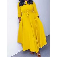 Women's Plus Size Casual Dress Swing Dress Solid Color Long Dress Maxi Dress 3/4 Length Sleeve Lace up Pocket Crew Neck Fashion Daily Yellow Red Spring Summer L XL XXL 3XL miniinthebox - thumbnail