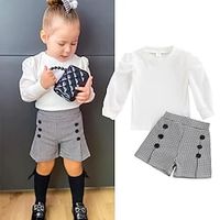 2 Pieces Kids Girls' T-shirt  Shorts Clothing Set Outfit Solid Color Plaid Long Sleeve Cotton Set Vacation Fashion Daily Winter Fall 2-6 Years White Lightinthebox - thumbnail